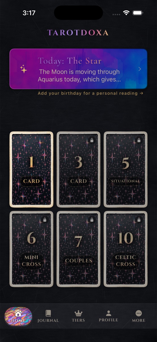 Tarotdoxa home screen: the daily card banner above six carved card-back spreads