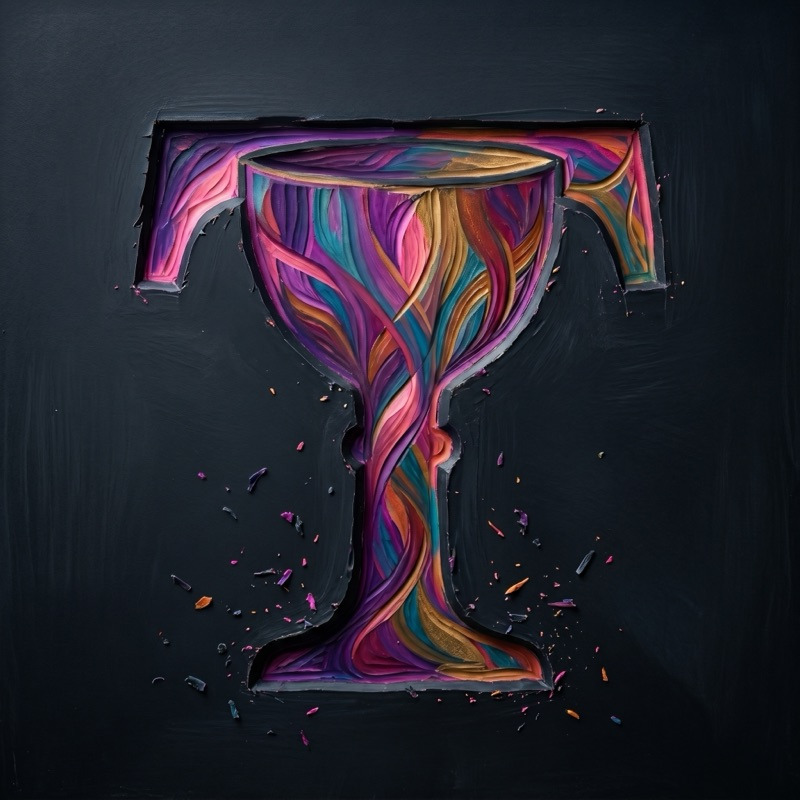 The Tarotdoxa goblet-T monogram, carved in violet, magenta, teal, and gold through black wax