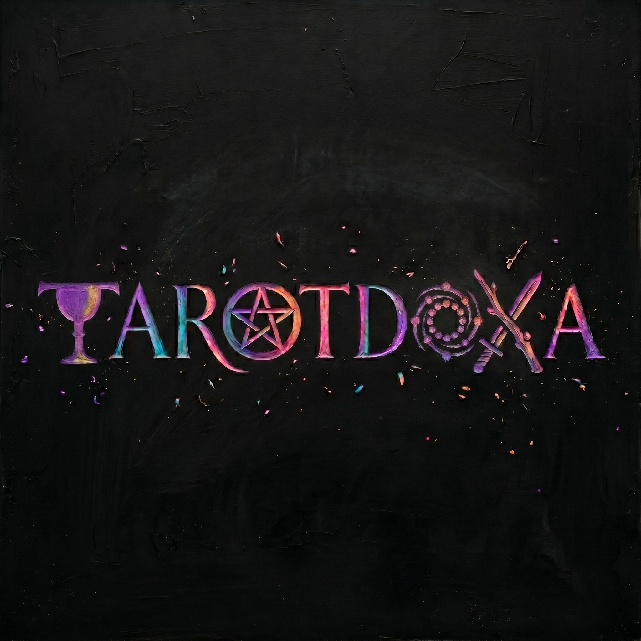 The TAROTDOXA wordmark: four tarot suits carved into the letters through black wax